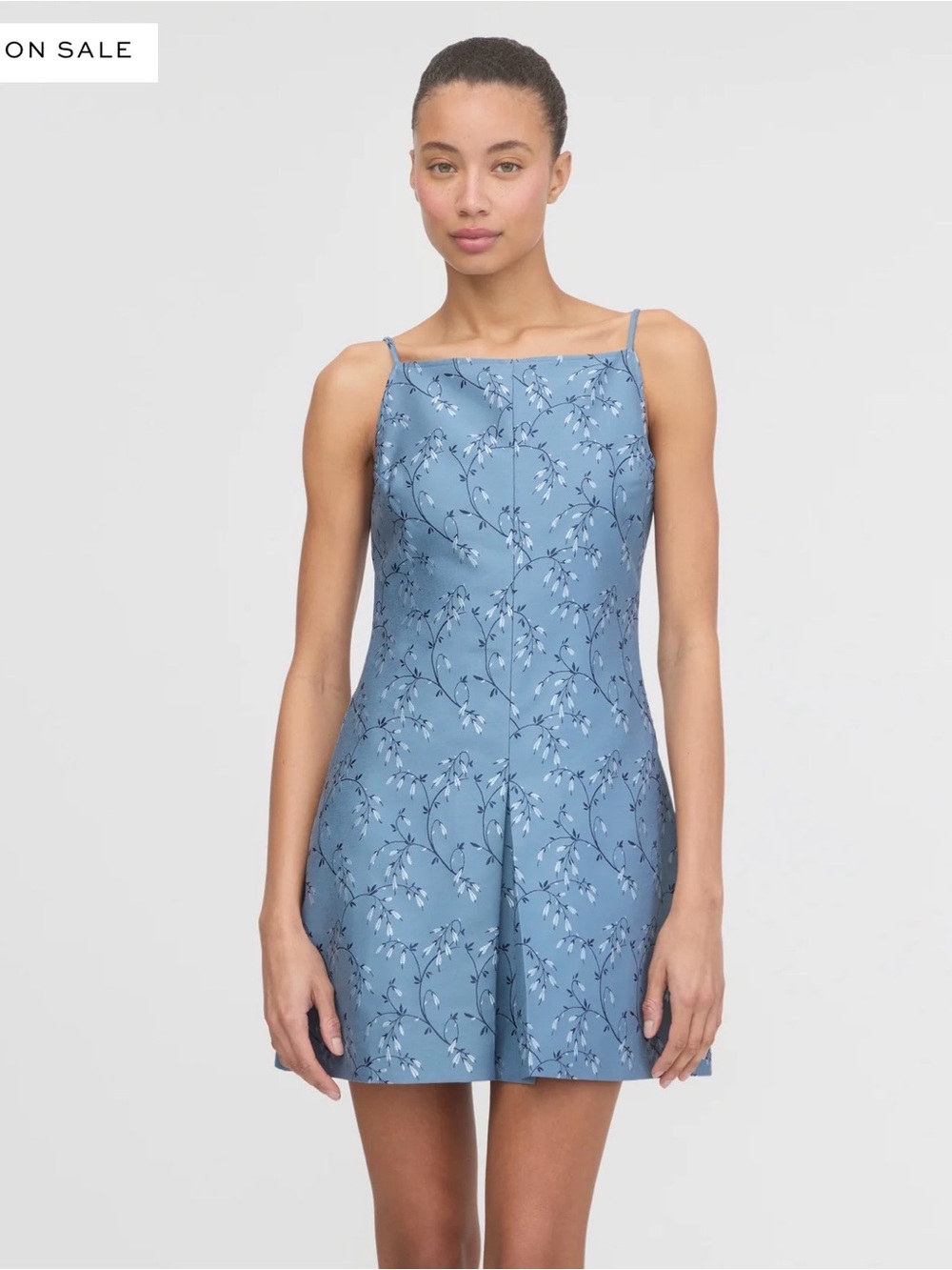 Floral Square-Neck Mini Dress in Dusty Blue